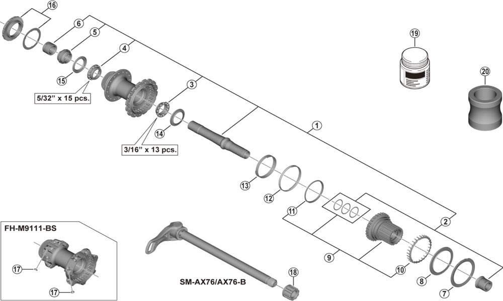 Shimano XTR FH-M9111/ FH-M9111-B/ FH-M9111-BS Disc Hinterrradnabe Ersatzteil | Hohlachse Komplett Nr 1 3 Shimano XTR FH-M9111/ FH-M9111-B/ FH-M9111-BS Disc Hinterrradnabe Ersatzteil | Hohlachse Komplett Nr 1
